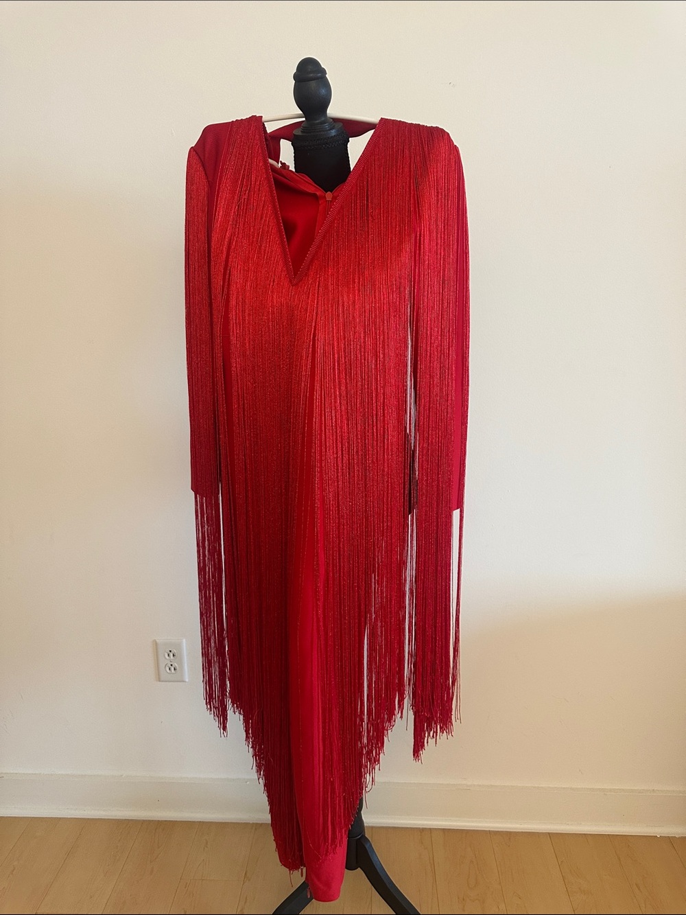 AKIRA Red Fringe Jumpsuit with Deep V Neck - Picture 5 of 6